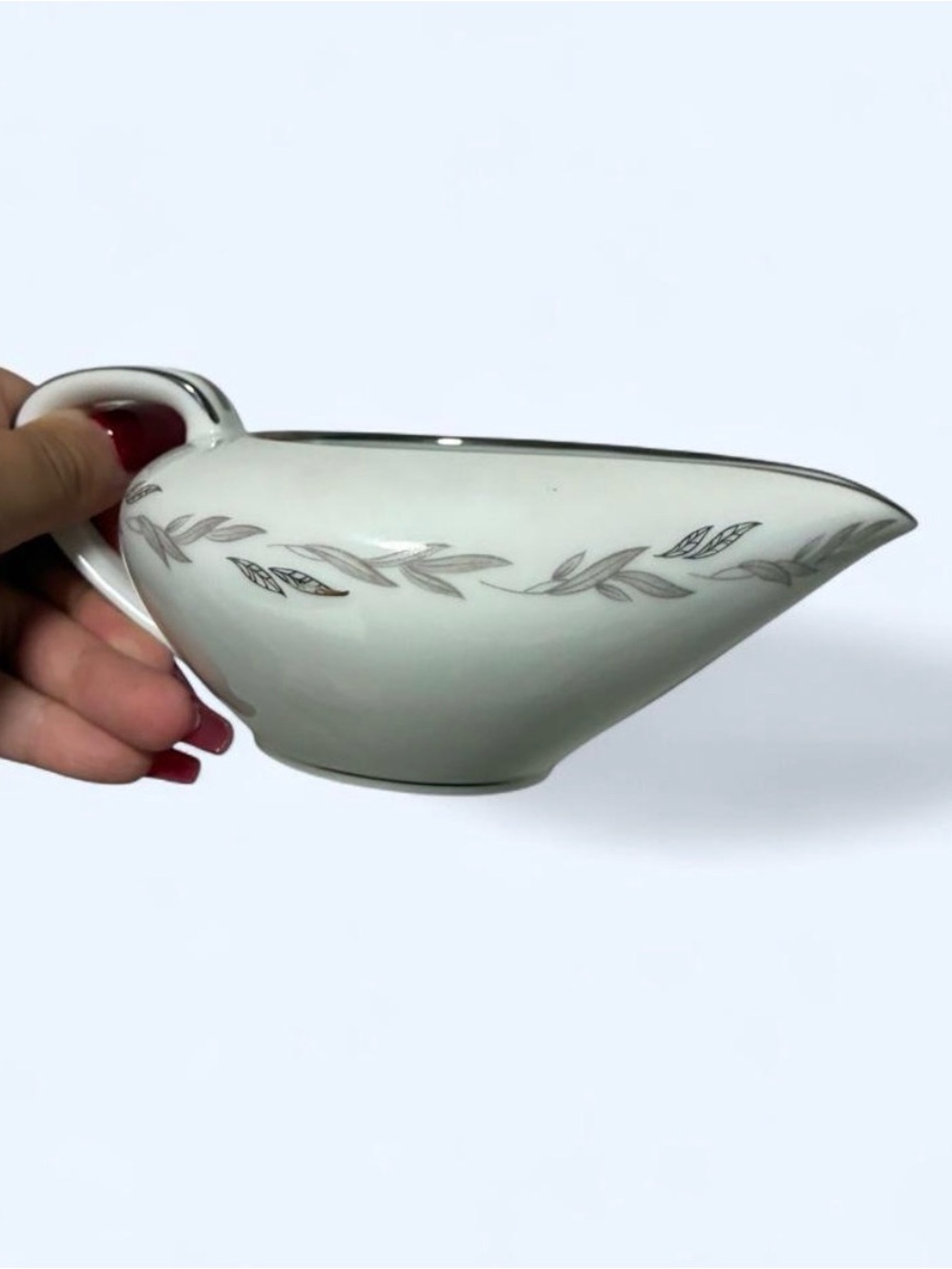 Fine China Gravy Boat with Silver Leaf Motif - White
